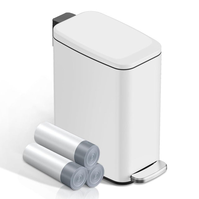 KSSKSS Small Bathroom Trash Can with Lid Soft Close, Step Pedal, 6L / 1.6 Gal Stainless Steel Garbage Bin with Removable Inner Bucket, Slim Wastebasket for Narrow Spaces (White)