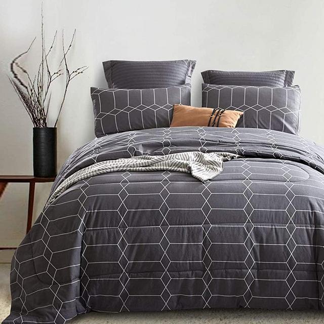 ATsense Comforter Set Queen, All Season 3-Piece 100% Cotton Fabric, Soft Microfiber Filled Bedding, Lightweight Reversible Duvet Insert (Charcoal Grey, SG004)