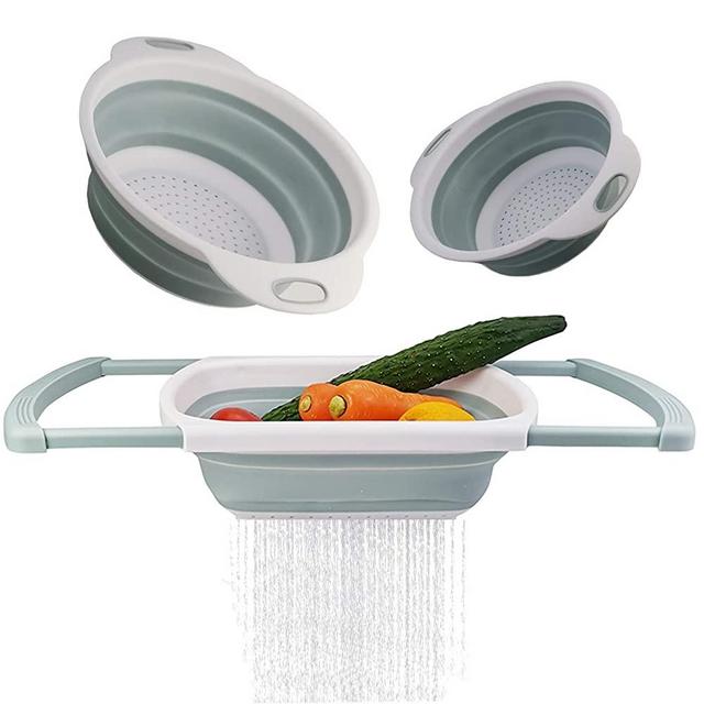 Collapsible Colander, 3-Packs Silicone Kitchen Strainer Set, 1pc 6 Quart Over the Sink Strainer, 1pc 4 Quart and 1pc 2 Quart Round Folding Strainers for Vegetable and Fruit, BPA Free