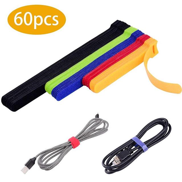 OneLeaf 60 Pcs Reusable Fastening Cable Ties with Hook and Loop, Multi-Purpose Cable Straps Wire Ties Cable Management, Adjustable Fastening Cord Ties for Computer/TV/Electronics, 3 Sizes and 5 Colors