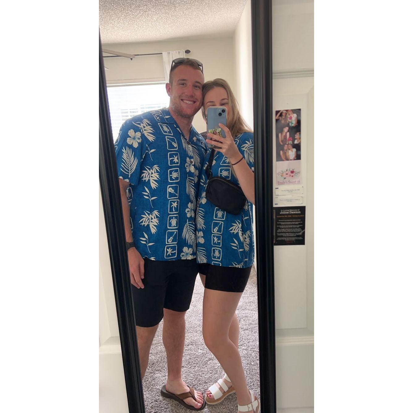 Matching Hawaiian shirts that Haley bought on Oahu