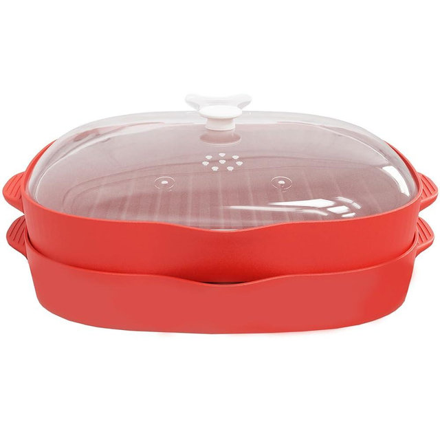 Microwave Easy Bacon Maker, 2Pcs Microwavable Grill Tray, Bacon's Cooker with Splatter Lid, Make Crispy in Minutes, Red