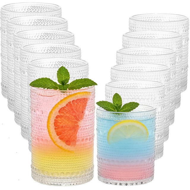 Hobnail Beaded Drinking Glasses Set of 12, 12 oz & 15oz Vintage Glassware Set Romantic Water Glasses Tumbler, Water Cups, Embossed Glassware Set for Beer, Juice, Cocktail, Soda, Beverages Clear