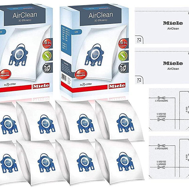 Miele GN AirClean 3D Efficiency Vacuum Cleaner Bags - 2 Boxes - Includes 8 Genuine Airclean GN Bags + 2 Genuine Super Air Clean Filter + 2 Genuine Pre-Motor Protection Filters