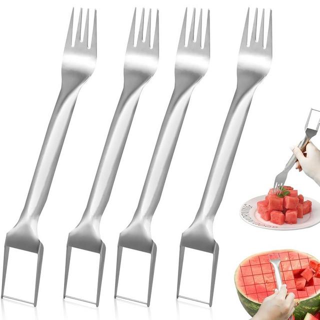 4 Pcs Watermelon Fork Slicer Cutter, Stainless Steel 2-in-1 Watermelon Fork Slicer, Portable Watermelon Fork Watermelon Cutter Slicer Tool Fruit Forks Slicer for Home Party Camping Kitchen Gadget