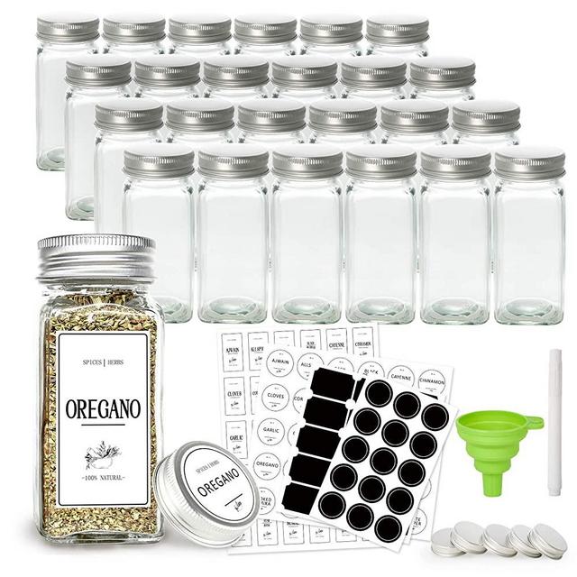 GMISUN Spice Jars Glass Empty 4 oz, Spice Containers Set with 24 Pcs Small Square Spice Jars/Bottles, Preprinted Spice Labels, Blank Chalkboard Labels, Shaker Lids, Airtight Metal Caps and Funnel