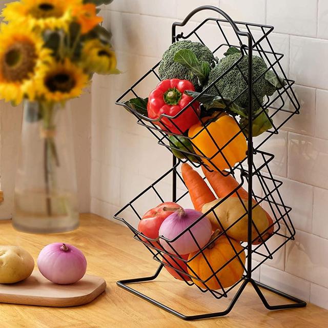 Fruit Basket, 2-Tier Durable Steel Fruit Stand Storage & Organizer for Countertops, Antique Black Freestanding Fruit Holder
