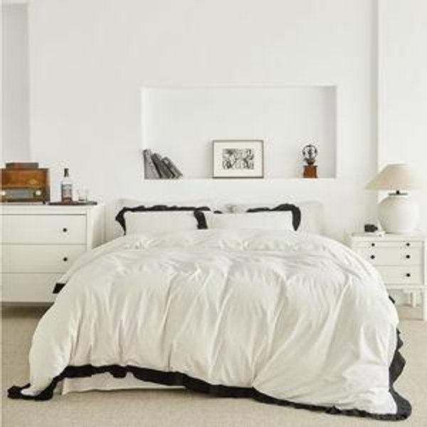 SUSYBAO Ruffle Duvet Cover Queen 100% Washed Cotton Black Ruffled Duvet Cover 3 Pieces Set 1 Cute Black White Lace Duvet Cover with Zipper Ties 2 Pillow Shams Soft Farmhouse Princess Bedding Set