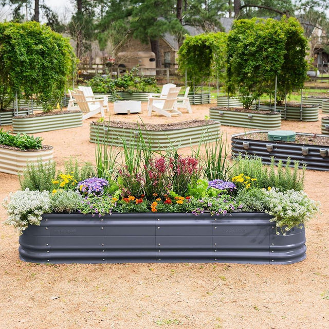 Vego garden 17" Tall 9 in 1 Novel Metal Raised Garden Bed Kits Modular Planter Beds with 2 in 1 Wrench & Magnetic Plant Tags for Vegetables Flowers, Modern Gray