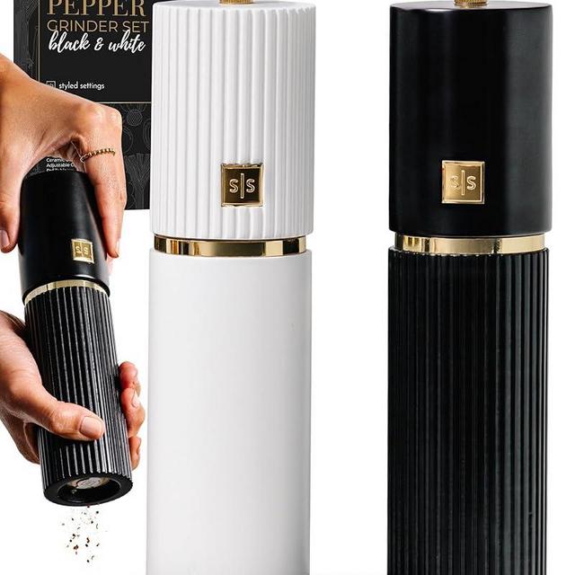 Styled Settings White and Black Salt and Pepper Grinder Set with Gold Accents – Set of Two Refillable Wooden Manual Grinders with Adjustable Ceramic Mills & Matching Wooden Stand - Ideal for Gifting