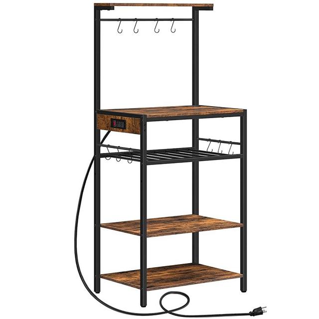 HOOBRO Bakers Rack with Power Outlet, 4-Tier Microwave Stand with Adjustable Wine Rack, Coffee Bar with 10 S-Shaped Hooks, for Kitchen, Living Room, Dinning Room, Rustic Brown BF60UHB01