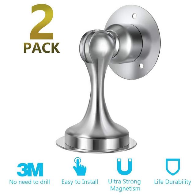 Door Stopper, 2 Pack Magnetic Door Stop, Stainless Steel, Magnetic Door Catch, 3M Double-Sided Adhesive Tape, No Drilling, Screws for Stronger Mount, Hold Your Door Open, 2 Pack for Wide Doors