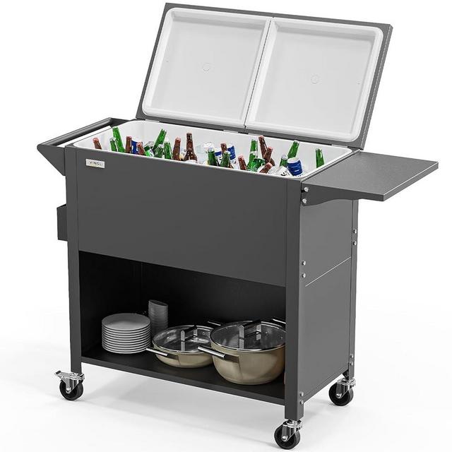 VINGLI 80 Quart Rolling Ice Chest on Wheels, Portable Patio Party Bar Drink Cooler Cart, with Shelf, Beverage Pool with Bottle Opener,Water Pipe (Gray)