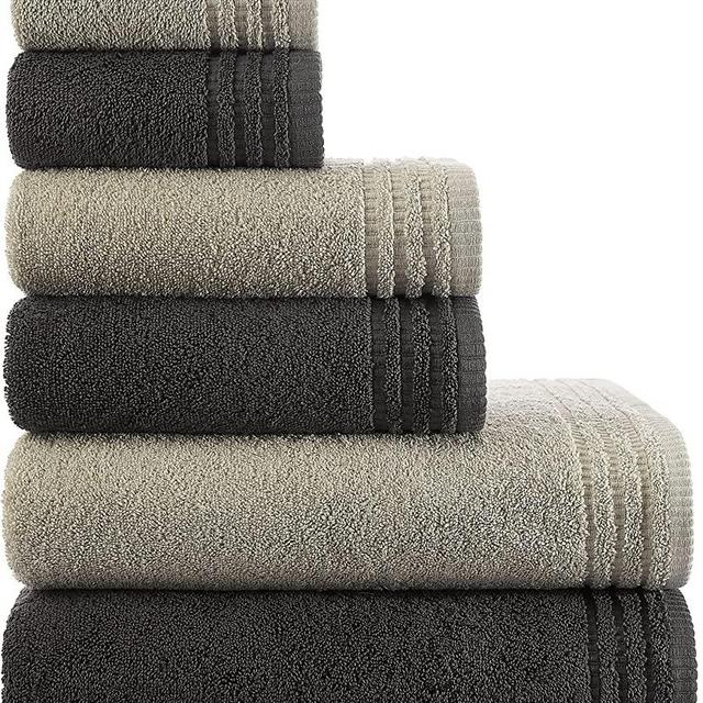 nottoc Towel Sets for Bathroom Grey - Beige / Set of 6 / 2 Bath Towels + 2 Hand Towels + 2 Washcloths / Turkish Cotton, Soft, Plush, Fluffy, Absorbent, Hotel Quality Towels
