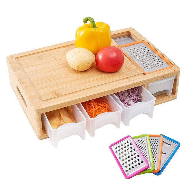 WORTHYEAH Bamboo Cutting Board with Trays, Lids and Graters- Wood Chopping Board with Containers, Food Dropping Zone and Vegetable Tray with Lid- Carving Board with Compartments, Handle, Juice Groove