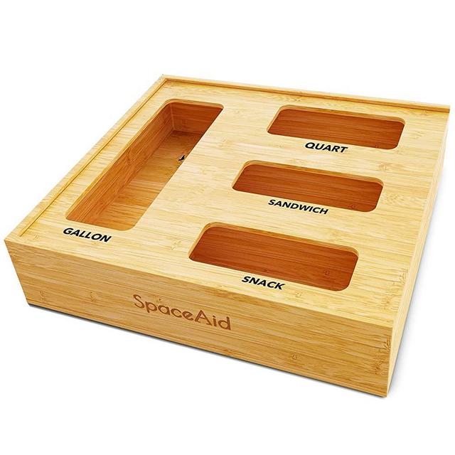 SpaceAid Bag Storage Organizer for Kitchen Drawer, Bamboo Organizer, Compatible with Gallon, Quart, Sandwich and Snack Variety Size Bag (1 Box 4 Slots), 2.5" High