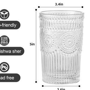 Vintage Glassware Drinking Glasses Set of 6,13 oz Clear Textured Flower Design Glass Water Tumblers，Embossed Striped Drinkware for Water,Cocktails,Juice,Iced Coffee