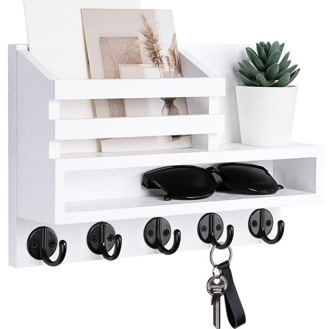 Lucundm Key and Mail Holder Wall Mount, Key Hanger with Long Storage Box and 5 Hooks for Coat, Dog Leash, Home Decor Rack, House Accessories, Entry Way Organizer 11.8”W x 7.8”H x 3.2”D