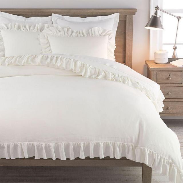 Classic Ivory Belgian Flax Linen Fringe Ruffle Duvet Cover, Full/Queen