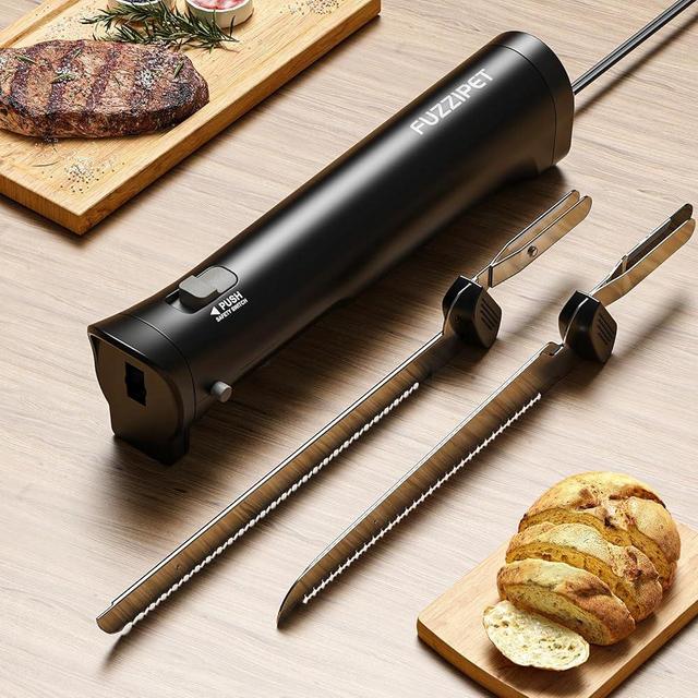 Fuzzipet Electric Knife for Meat Slicing, Electric Bread Knife with 4 Stainless Steel Blades, Electric Cutting Knife for Meats, Poultry, Bread, Cheese & More (Black)