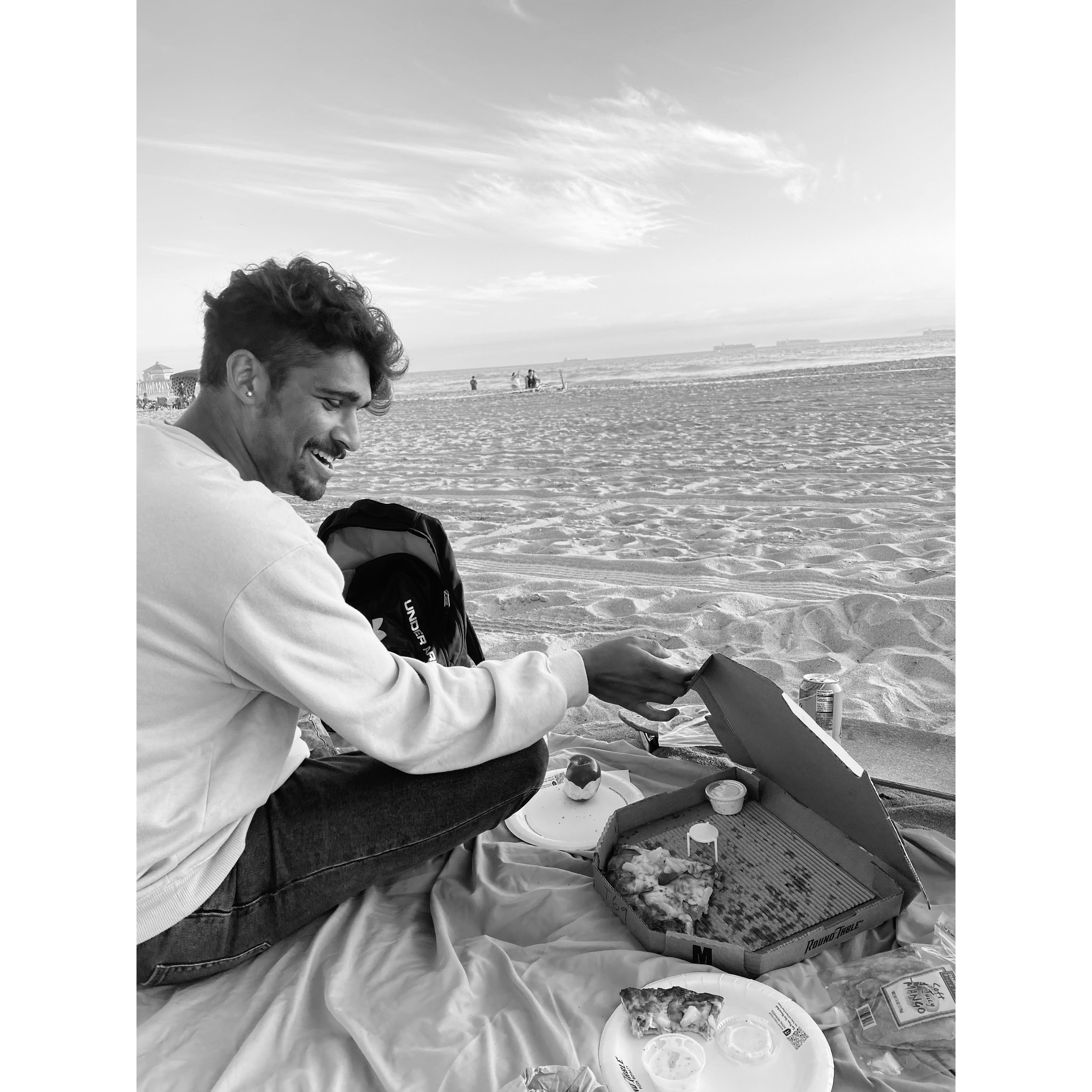 October 2021: Date nights by the ocean became a weekly occasion. Pizza is Brennan's love language (Huntington Beach, California)