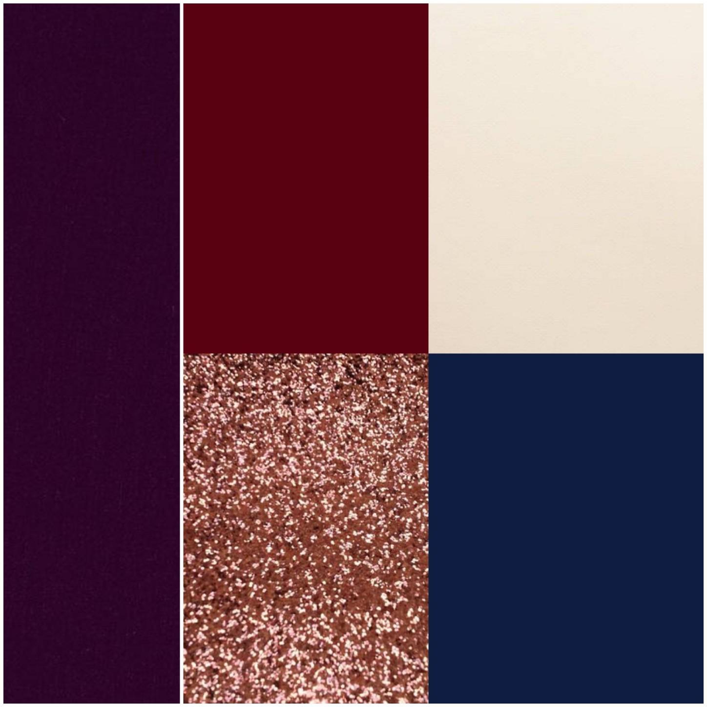 Our official wedding colors. Navy blue & wine red (burgundy) take the lead with accents of cream, dark purple & rose gold to follow. ☺