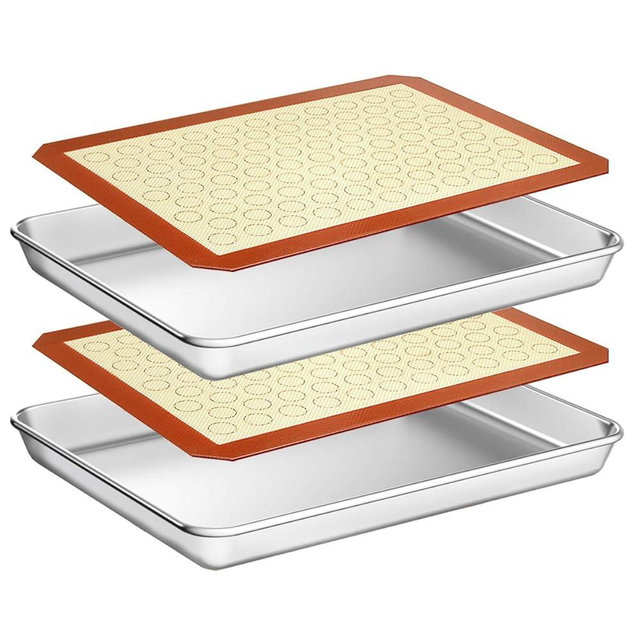 Wildone Baking Sheet with Silicone Mat Set, Set of 4 (2 Sheets + 2 Mats), Wildone Stainless Steel Cookie Sheet Baking Pan with Silicone Mat, Size 9 x 7 x 1 inch, Non Toxic & Heavy Duty & Easy Clean