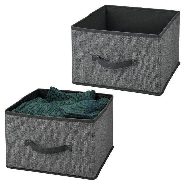 mDesign Soft Fabric Closet Storage Organizer Holder Cube Bin Box, Open Top, Front Handle for Closet, Bedroom, Bathroom, Entryway, Office - Textured Print, 2 Pack - Charcoal Gray/Black