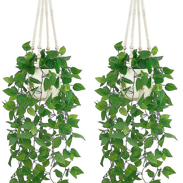 Mkono 2 Packs Fake Hanging Plant with Pot, Artificial Plants for Home Decor Indoor Macrame Plant Hanger with Fake Vines Faux Hanging Planter Greenery for Bedroom Bathroom Office Decor, Ivory (Pothos)
