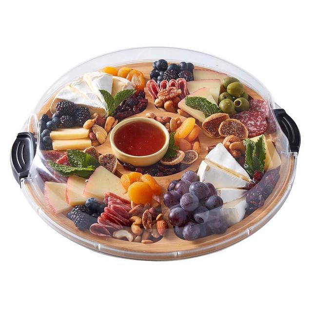 Farberware Build-a-Board Cutting Board with Five Compartments and Clear Locking Lid for Charcuterie, Snacks, and More-Make it. Take it. Enjoy it, 14-Inch Round, Bamboo
