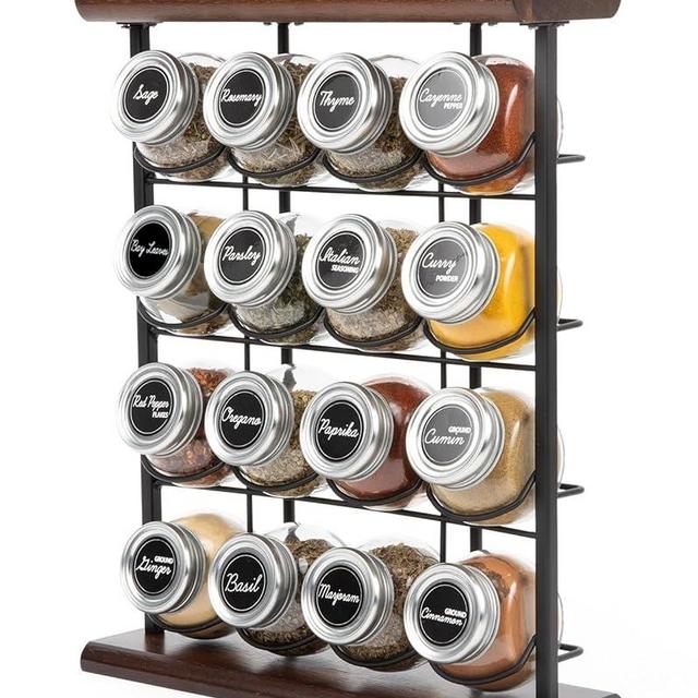 Orii 16 Jar Acacia Wood & Metal Wire Spice Rack with Spices Included, Storage for Spices and Seasoning, Free Spice Refill for 5 Years, Black & Brown