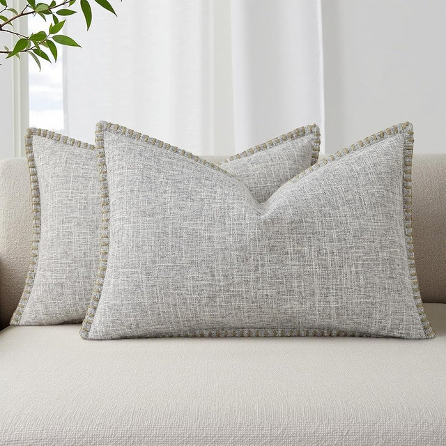 decorUhome Fall Decorative Throw Pillow Covers 12x20 Set of 2 Lumbar Faux Linen Farmhouse Pillow Covers with Stitched Edge Outdoor Neutral Pillow Covers for Couch Sofa Living Room, Desert Sand