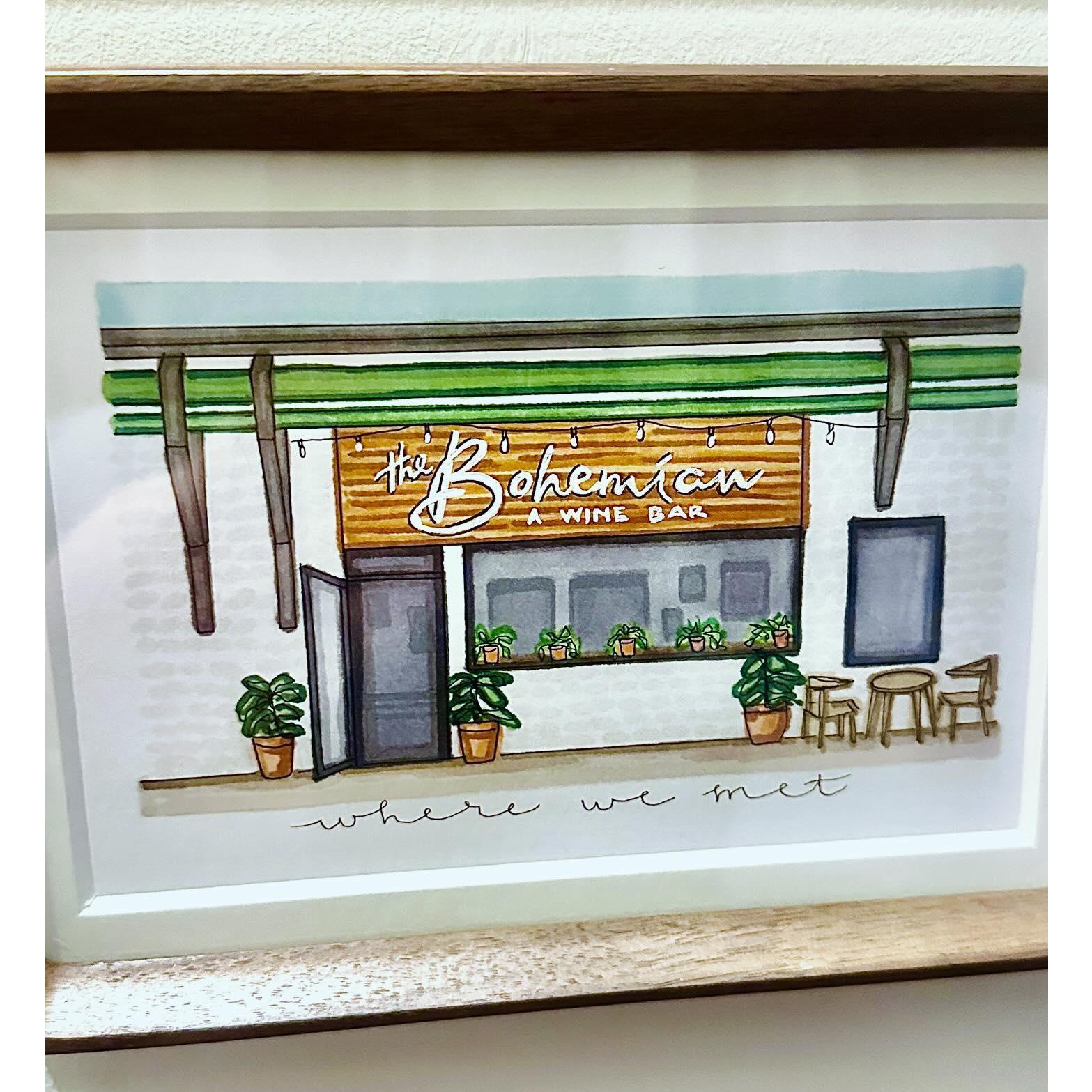 Satie's gift to Alex on the anniversary of their first date. A watercolor of the Bohemian Wine Bar, our first date spot