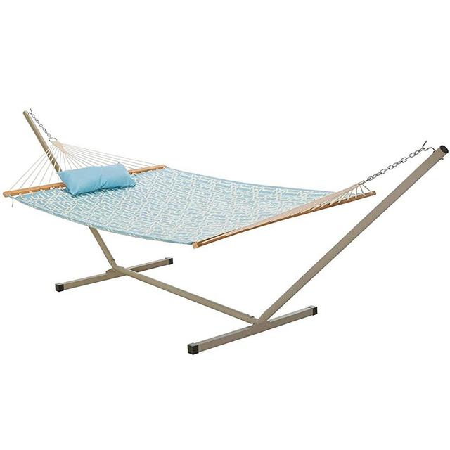 Castaway Living Large 2 Person Quilted Hammock with Heavy Duty Space Saving Stand & Detachable Pillow, Designed in The USA, Heavy Duty Construction, Perfect for Any Backyard Space - Light Blue
