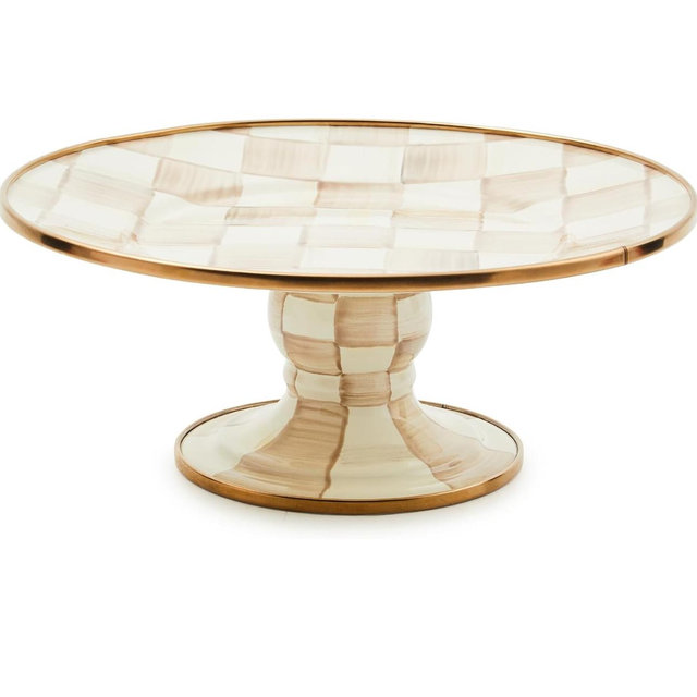 MACKENZIE-CHILDS Enamel Pedestal Platter, Round Cake Stand, Large, Brown-and-White Mocha Check