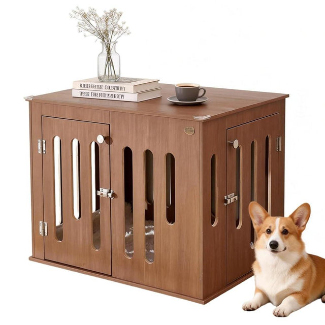 Pheifannt 32 Inch Dog Crate Furniture for Medium Small Dogs with 2 Quick-Release Doors, Waterproof Multi-Layer Solid Wood in Walnut Color, Doubles as TV Stand,Side Table