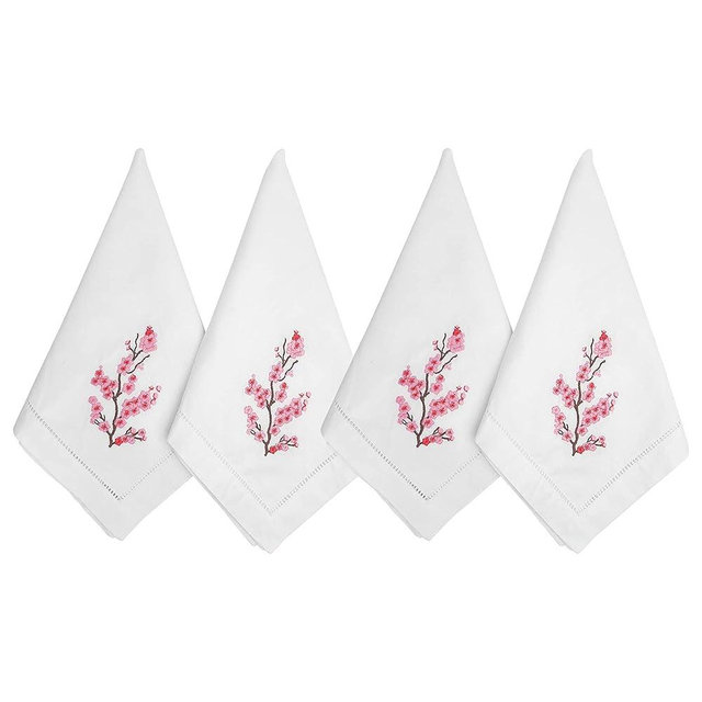 HCRAFT Embroidered Cotton Table Napkins, Cloth Napkins Set of 4 18x18 Cherry Blossom Napkin Square Fabric, Dining Room, Napkins Cloth Machine Washable, Pink Cotton Cloth Napkins, Great Present Ideas