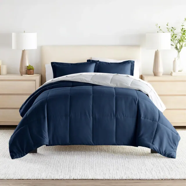 Reversible Comforter and Shams Set, Ultra Soft - Becky Cameron, Navy / Light Gray, Full/Queen