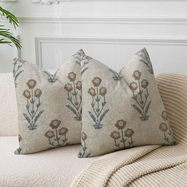 Fabritual Pack of 2 Handmade Block Floral Printed Linen Blend Throw Pillowcase Cushion Cover Décor for Sofa, Bed, Couch & Chair (Amitabh-Brown)