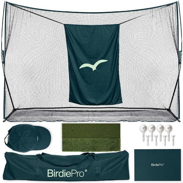 BirdiePro® - American Pro Golf Practice Net, 10x7ft Heavy Duty Golf Hitting Net with EchoShield™ Target & FlexWeave™ Net, Indoor Outdoor Training Backyard, Full Set with Mat, Balls & Cap