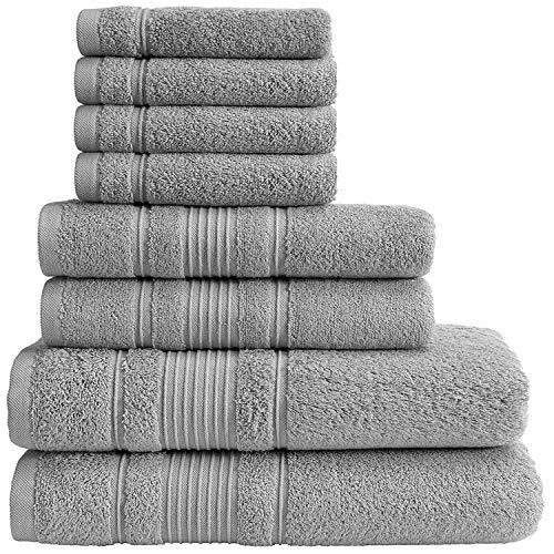 Qute Home Towel Set; 2 Bath Towels, 2 Hand Towels, and 4 Washcloths | Spa & Hotel Towels Quick Dry 100% Turkish Cotton Towel Sets for Bathroom, Shower Towel (Grey, Towel Set - Set of 8)