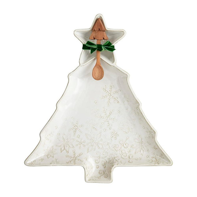 Mud Pie White Christmas Chip and Dip Set; server 14 3/4" x 13 1/4" | spoon 5 1/2"