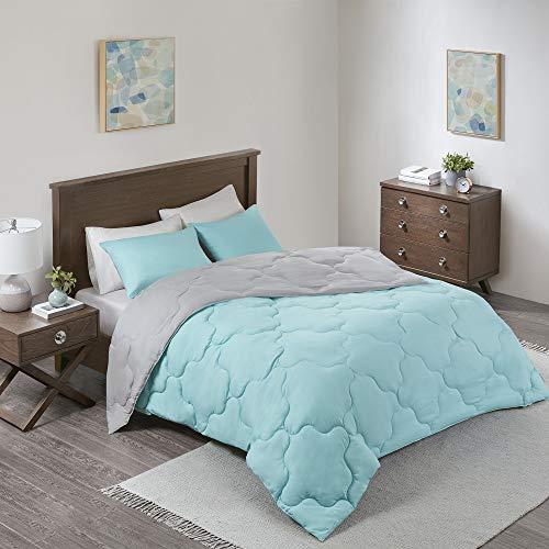 Comfort Spaces Vixie 3 Piece Comforter Set All Season Reversible Goose Down Alternative Stitched Geometrical Pattern Bedding, Full/Queen, Aqua/Grey
