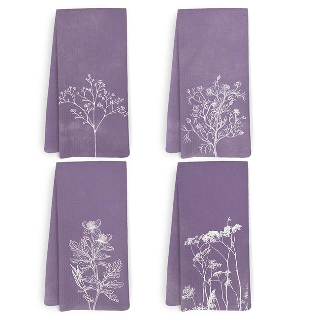 KFXHANGD Purple Boho Botanical Kitchen Towels Set of 4, Purplr Bathroom Decor, Botanical Flower Dish Towels, Vintage Minimalist Plant Decorative Hand Tea Towel for Bathroom Kitchen, 16x24 in