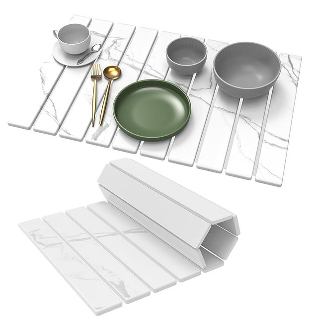 Stone Dish Drying Mat for Kitchen Counter - 24" L×16" W Large Foldable Marbled Collapsible Quick Drying Dish Mats, Ultra Absorbent Diatomaceous Earth Mats for Kitchen Dishes Bottles Cups Bathroom