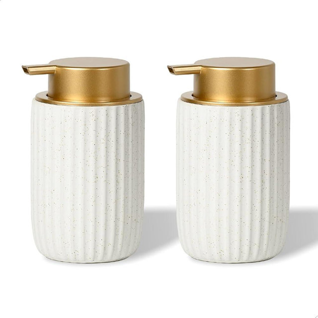 2 Pack Speckled Matte White Ceramic Foam Soap Dispenser, 12 Oz Refillable Pump with Golden Top, Elegant Foaming Dispenser for Bathroom or Kitchen, Speckled White