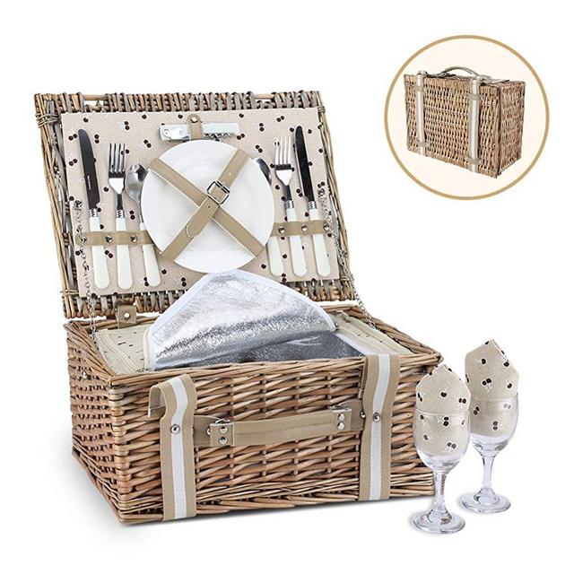 G GOOD GAIN Willow Picnic Basket Set for 2 Persons with Large Insulated Cooler Bag,Wicker Picnic Hamper for Camping,Outdoor,Valentine Day,Chirtmas,Thanks Giving,Birthday.