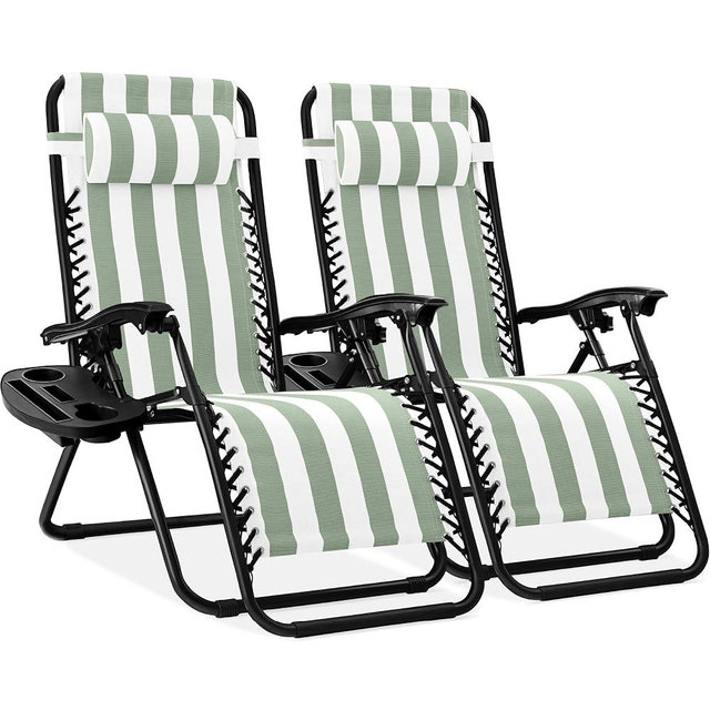 Best Choice Products Set of 2 Adjustable Steel Mesh Zero Gravity Lounge Chair Recliners w/Pillows and Cup Holder Trays - Sage Green Striped