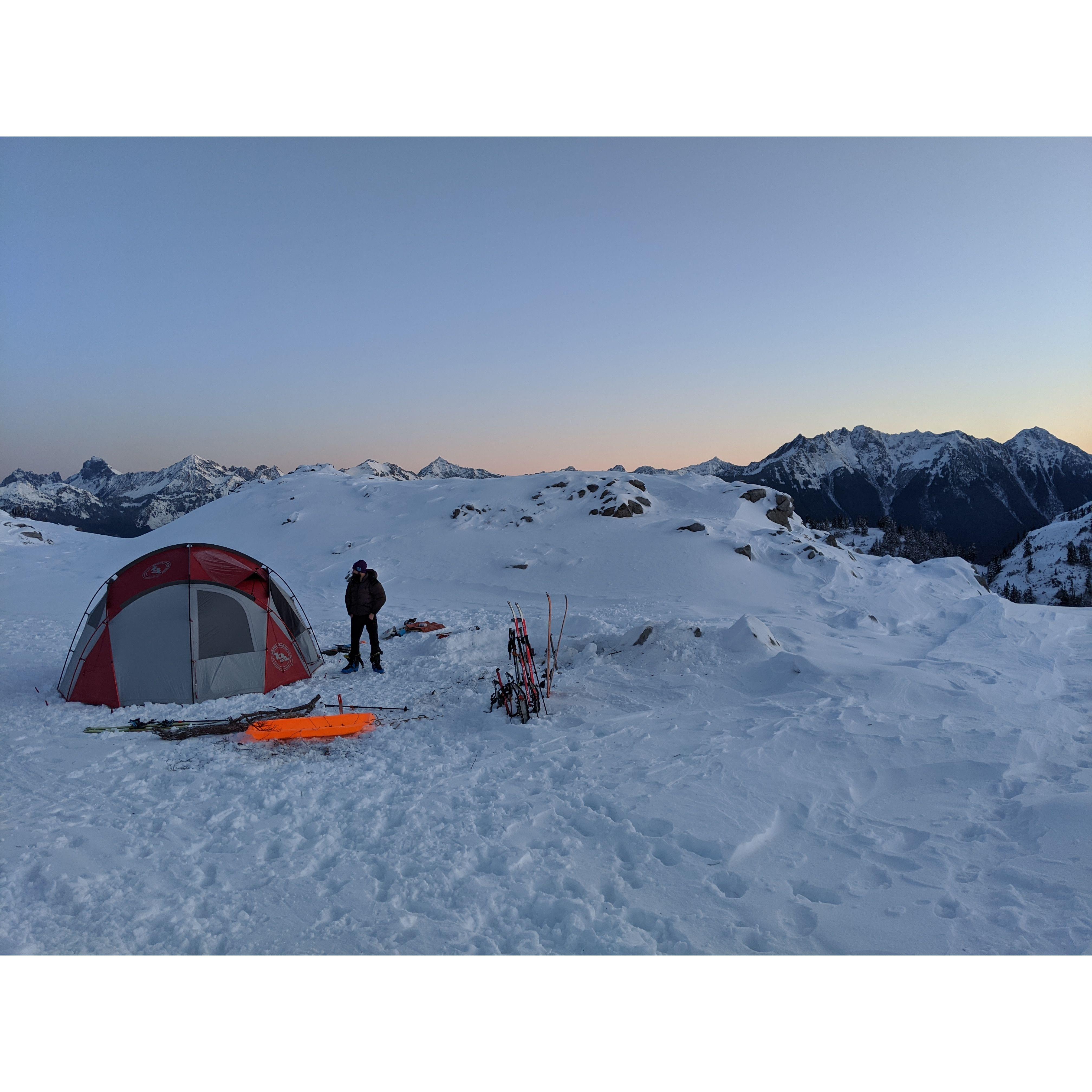 Our first snow camping trip together- 1 month into dating. We hosted a "friendsgiving" at Artist Point and hauled in a full Thanksgiving meal.