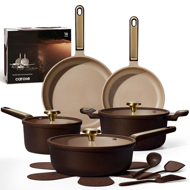 CAROTE Pots and Pans Set Nonstick, 16pcs Cookware Set Nonstick Non-Toxic & PFOA&PFOS-Free, Dishwasher, RV/Camping Cookware Set, Cooking Pots with Lids, Brown